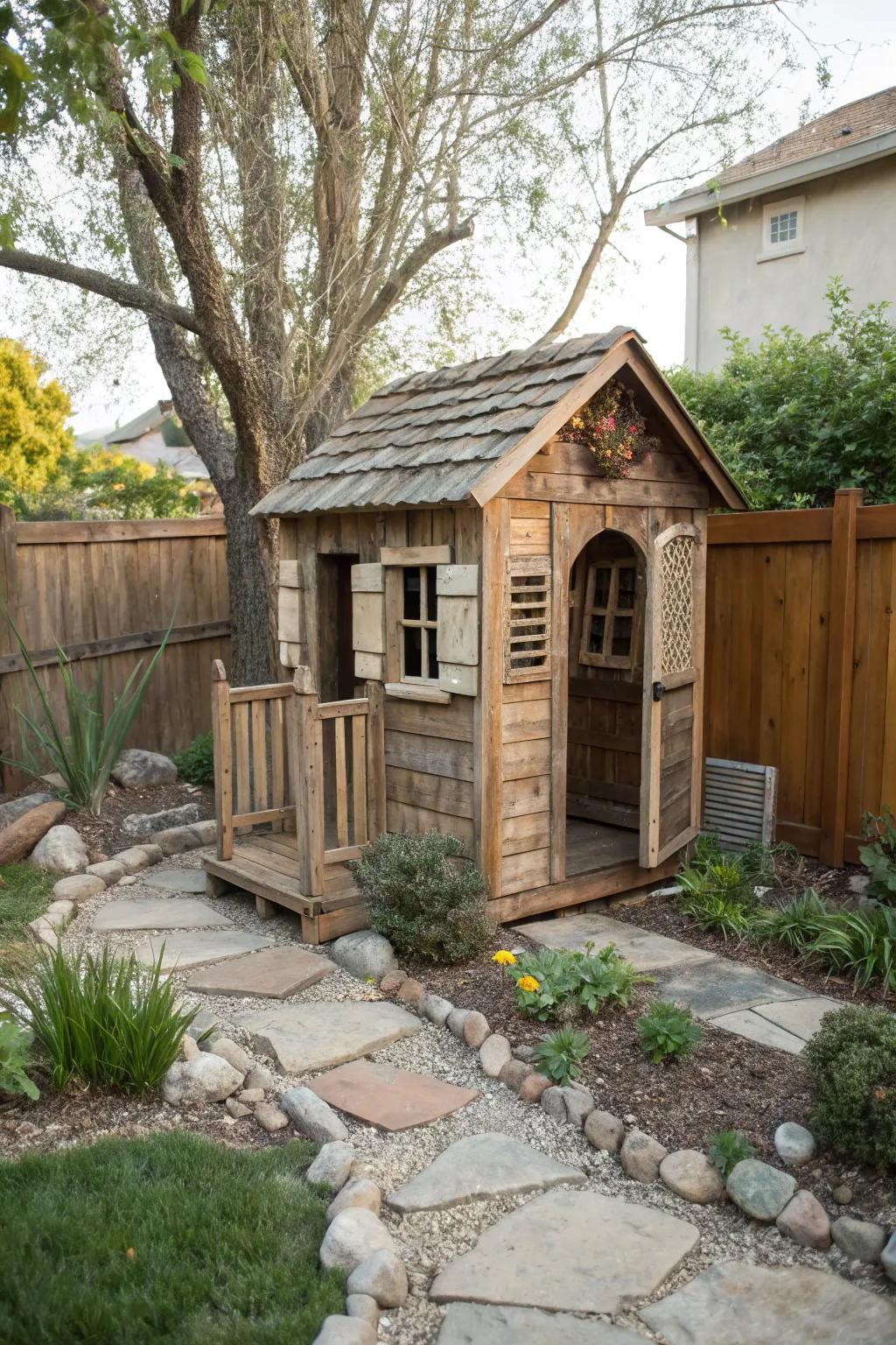 A rustic playhouse that blends with nature.