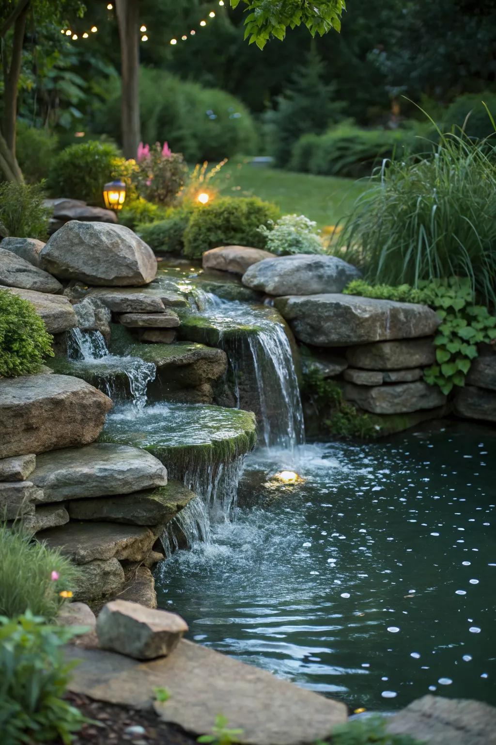 A charming multi-tiered waterfall in a cozy backyard setting.