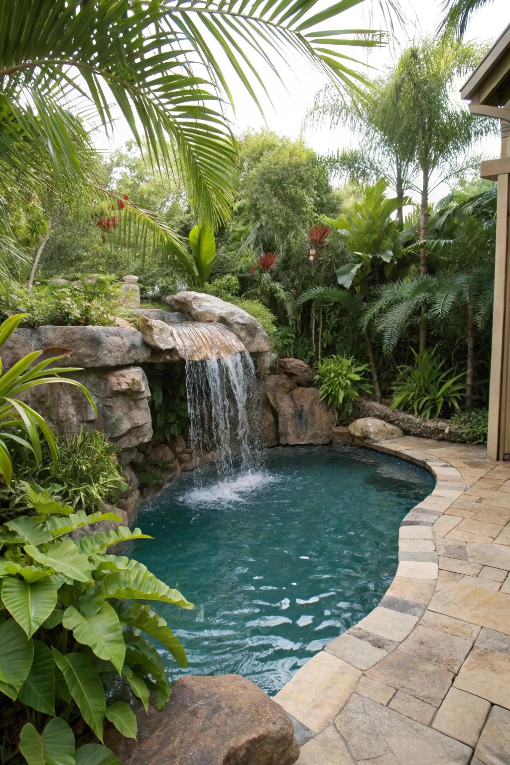 A waterfall feature adds a soothing and luxurious touch to any small backyard pool.