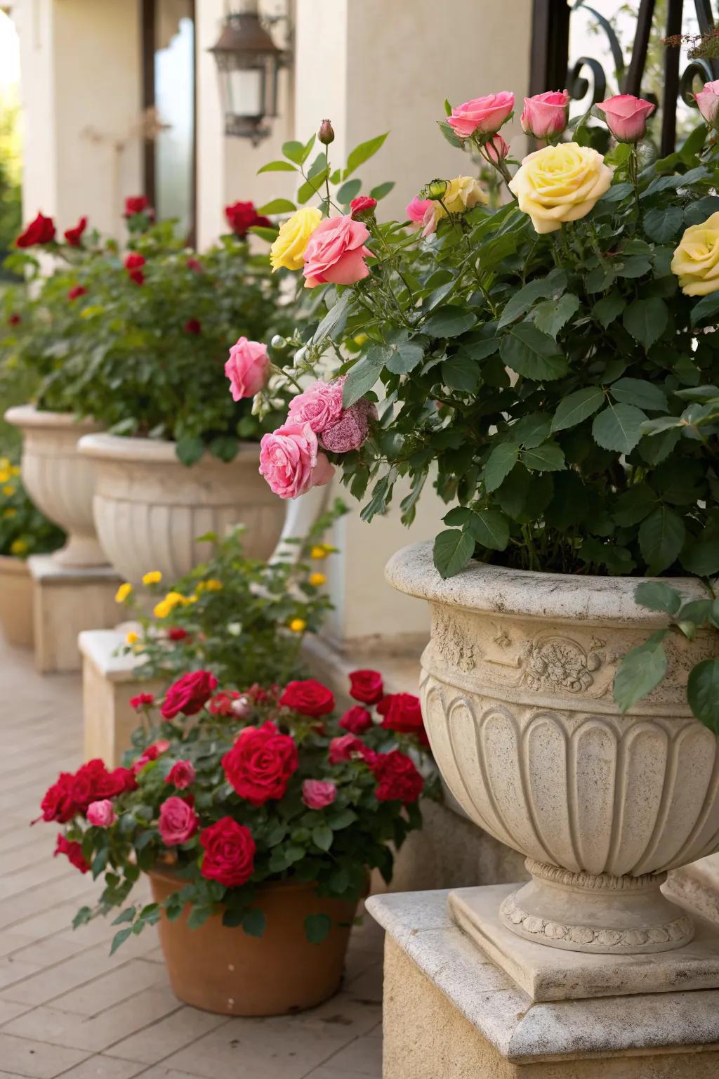 Roses in containers offer flexibility and style for small spaces.