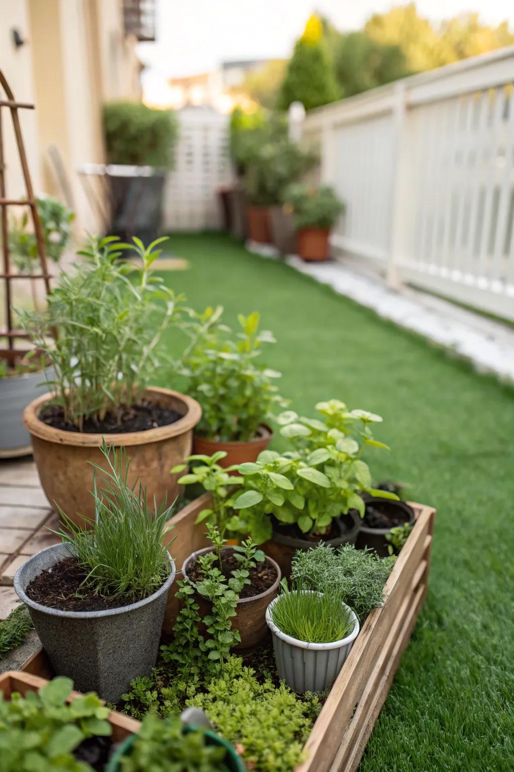 A miniature herb garden adds a functional and aesthetic touch.