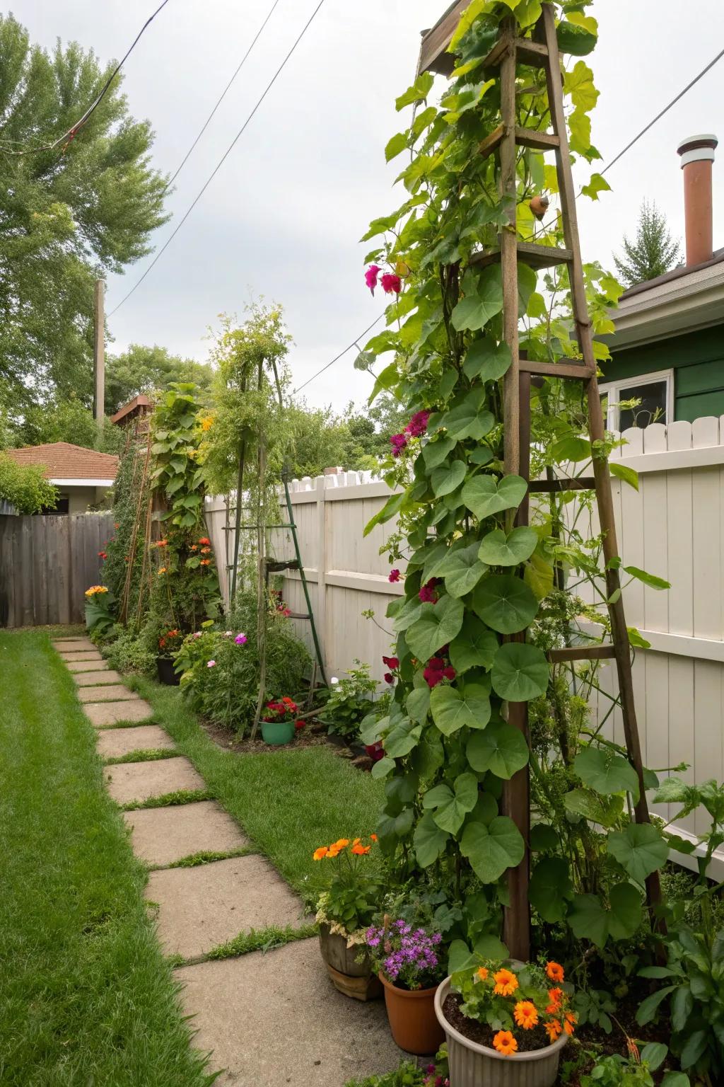 Vertical gardening maximizes space for climbing veggies.