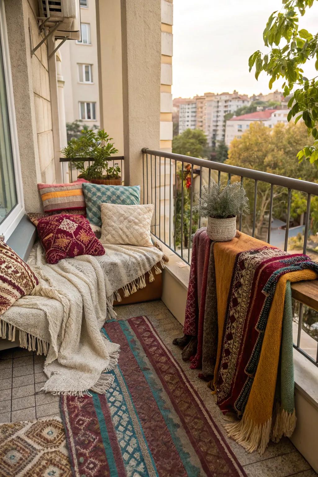 Create warmth and style with layered textiles on your balcony.