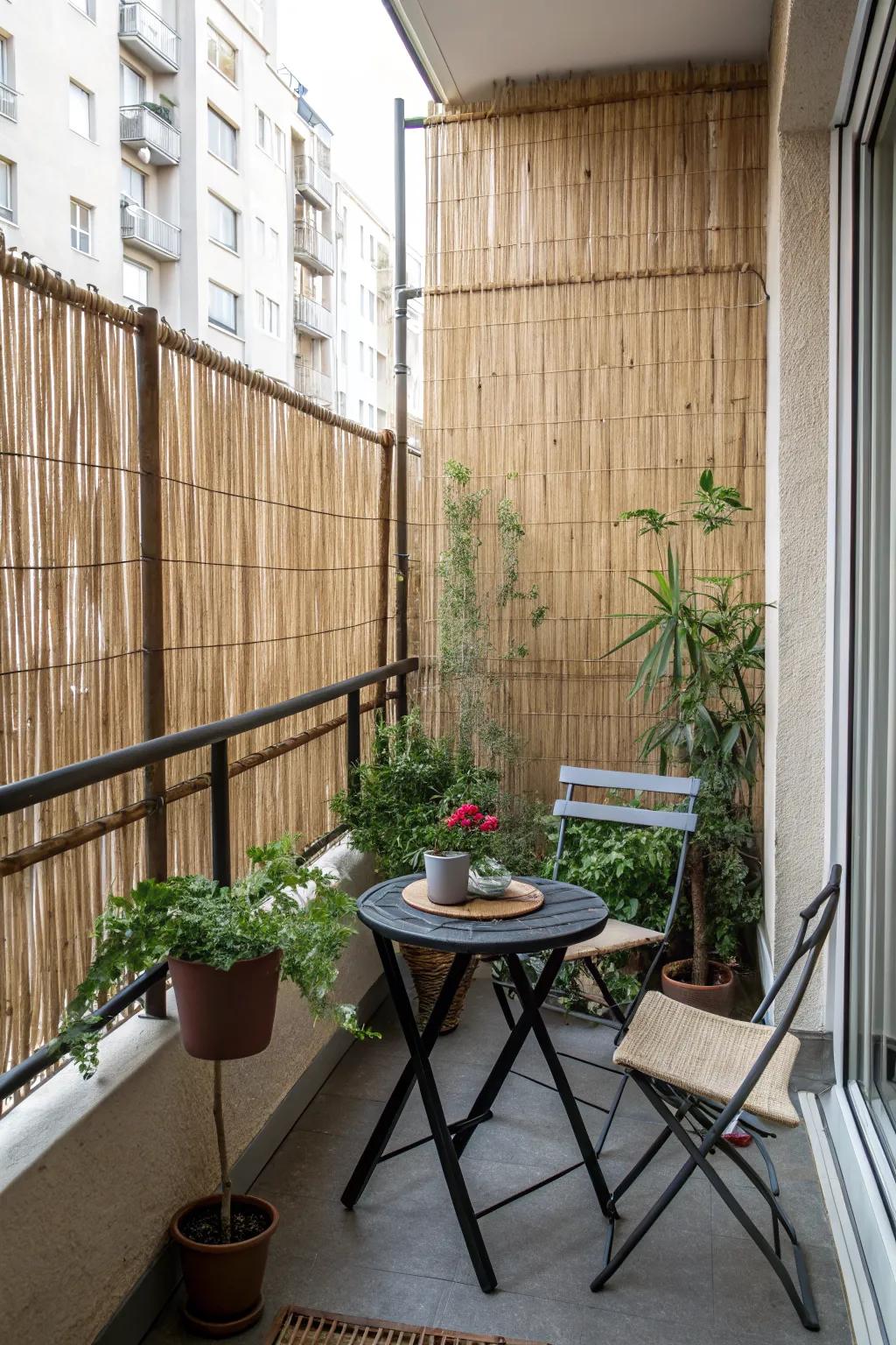Bamboo screens provide privacy and a touch of rustic elegance.