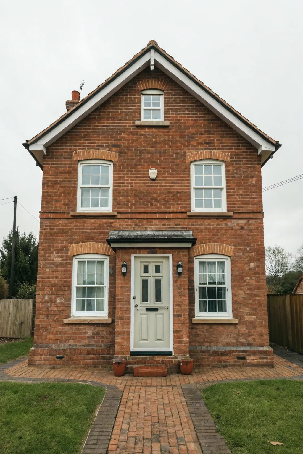A small brick house with a symmetrical design highlighting its classic appeal.