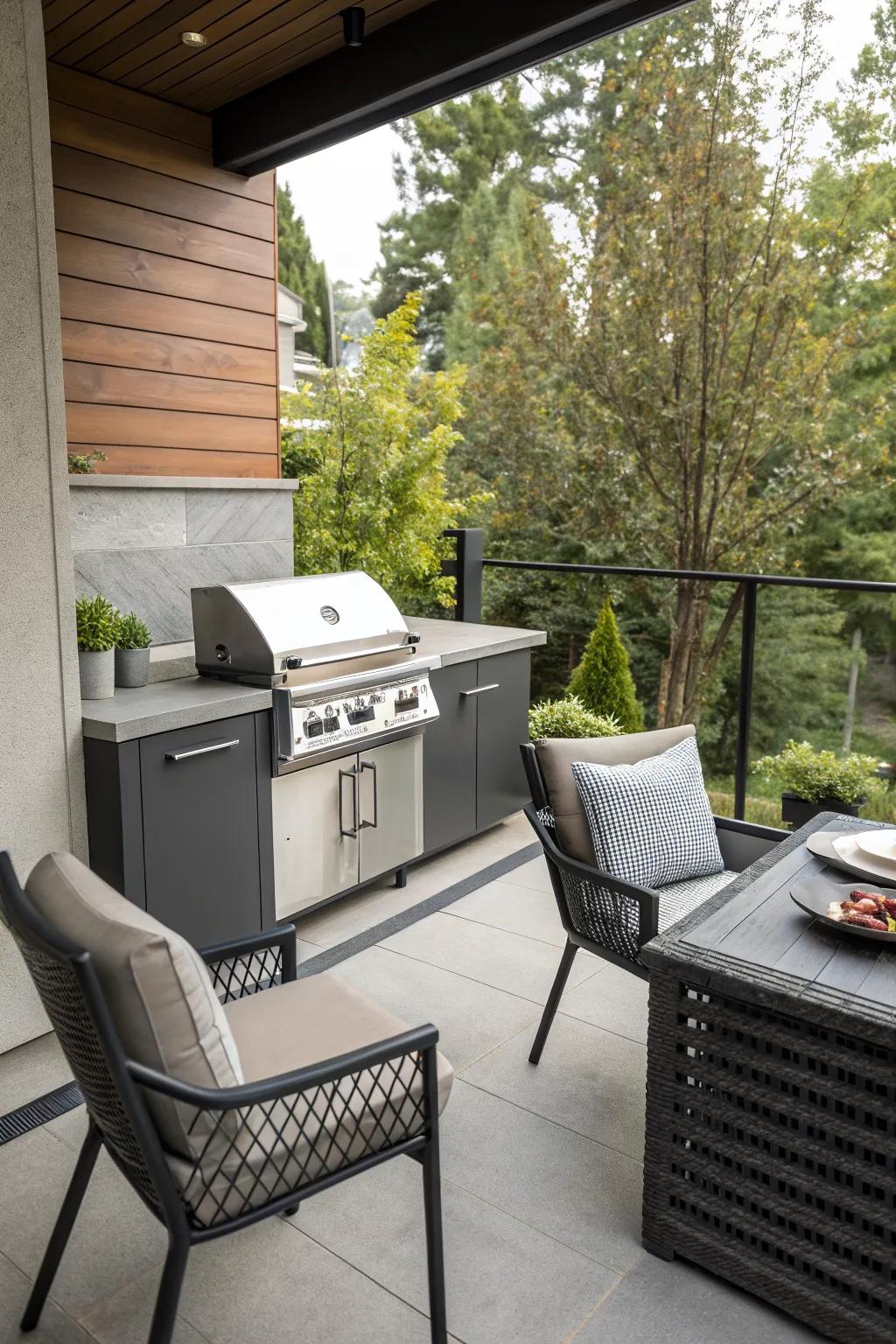 A corner grill maximizes space while providing a cozy cooking nook.