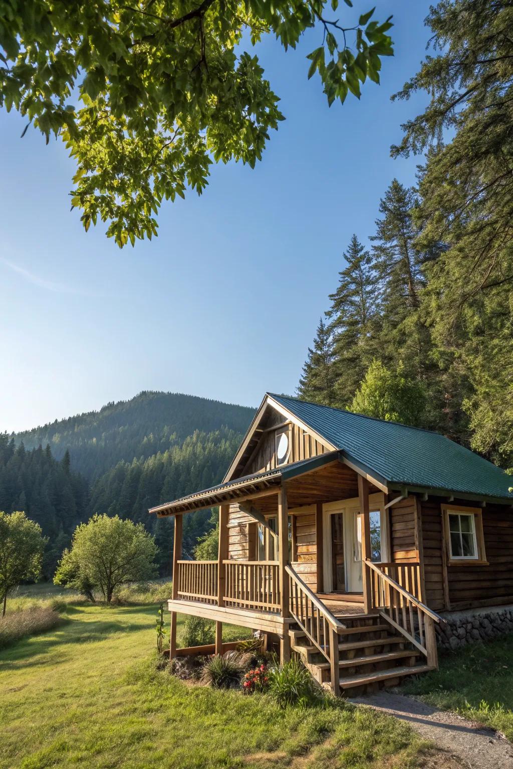 A charming cabin with an inviting wraparound porch.