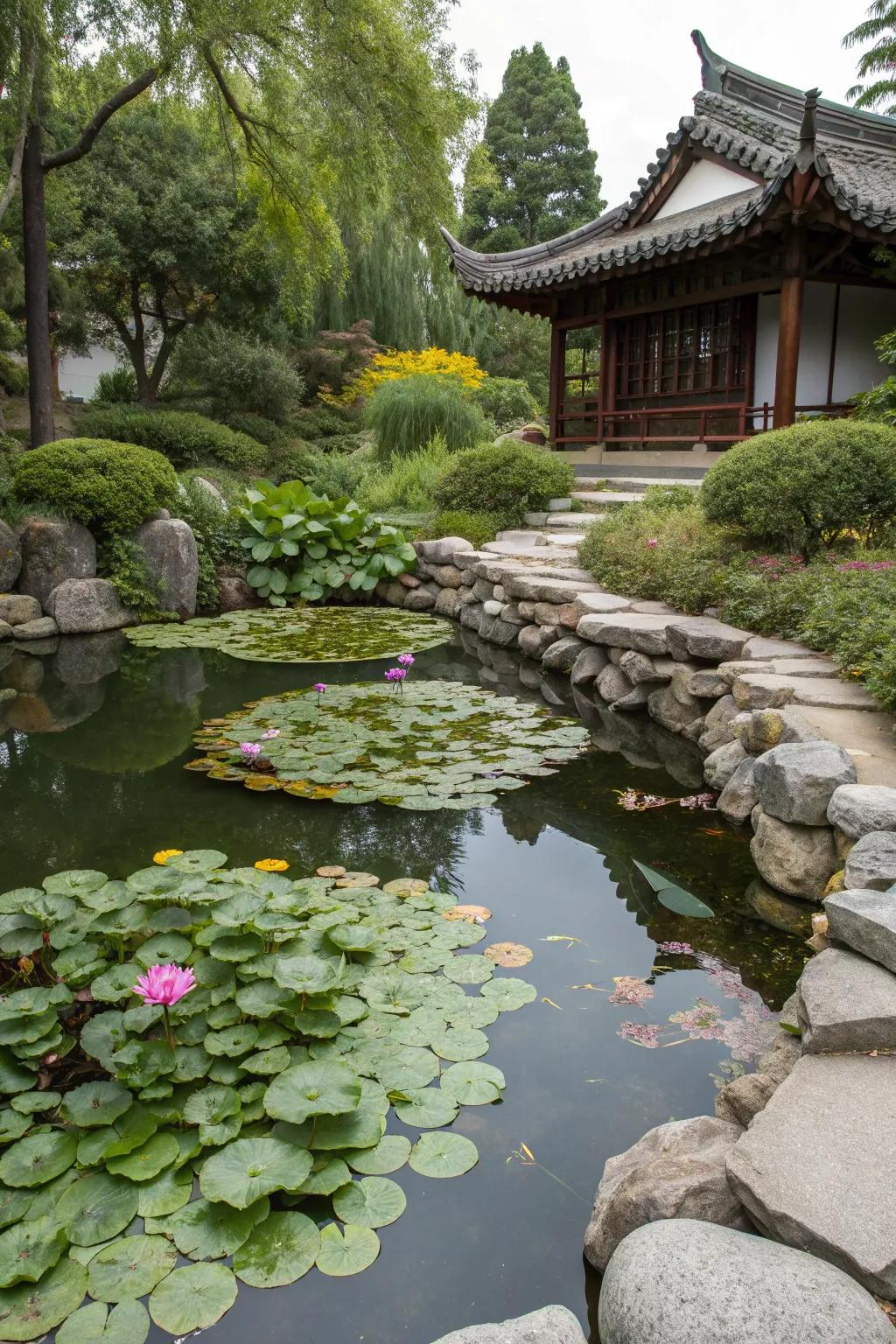 A small pond with water lilies and a stone border in a Chinese garden.