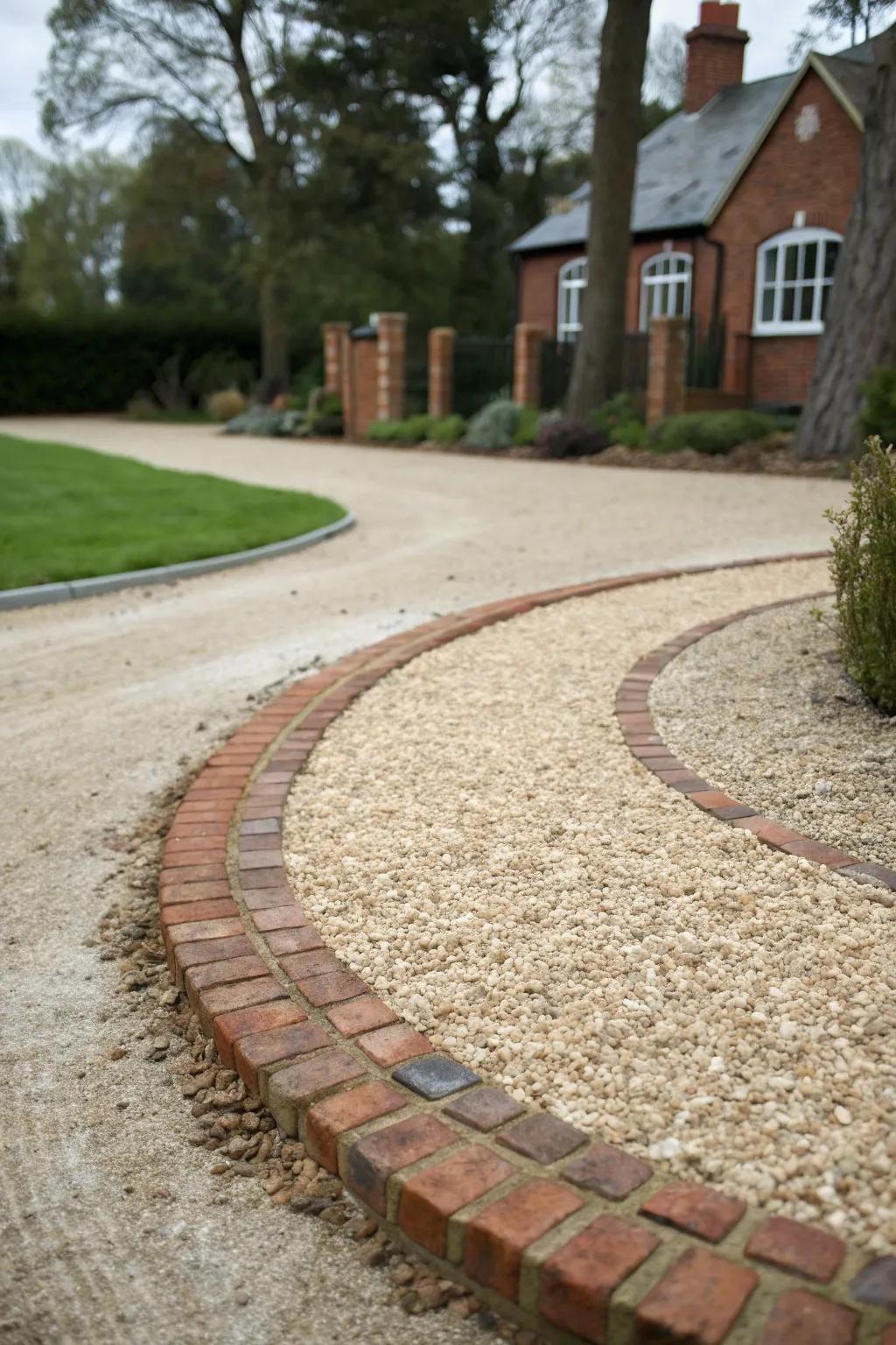 Gravel with brick edging creates a neat and rustic look.