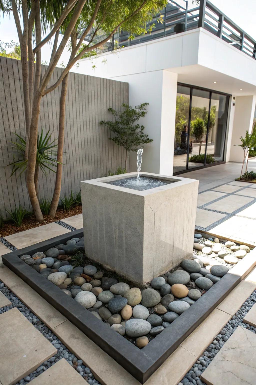 A geometric fountain brings modern elegance to your patio.