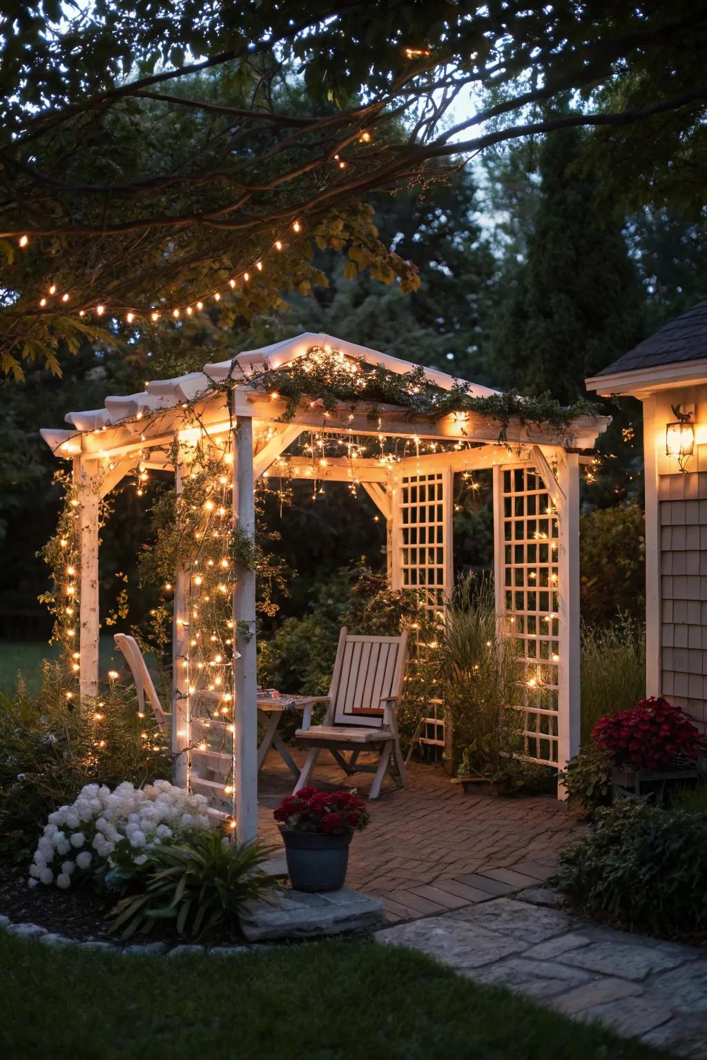 String lights transform a corner pergola into a magical evening retreat.