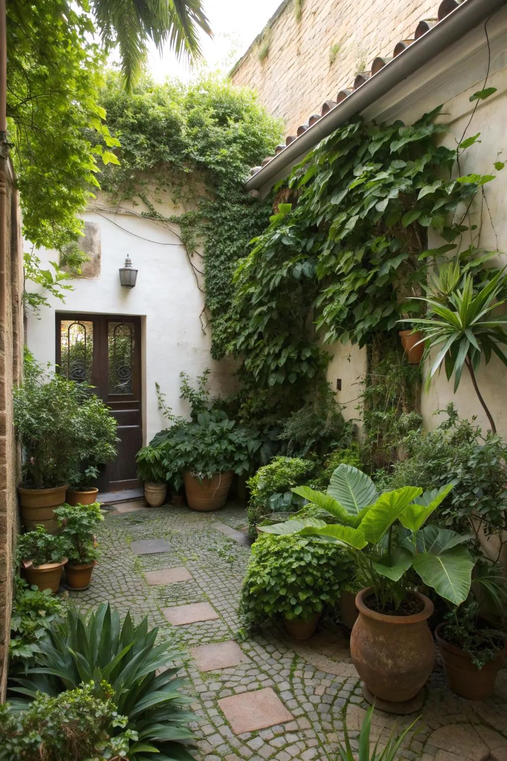 Lush greenery transforms a small courtyard into a vibrant oasis.
