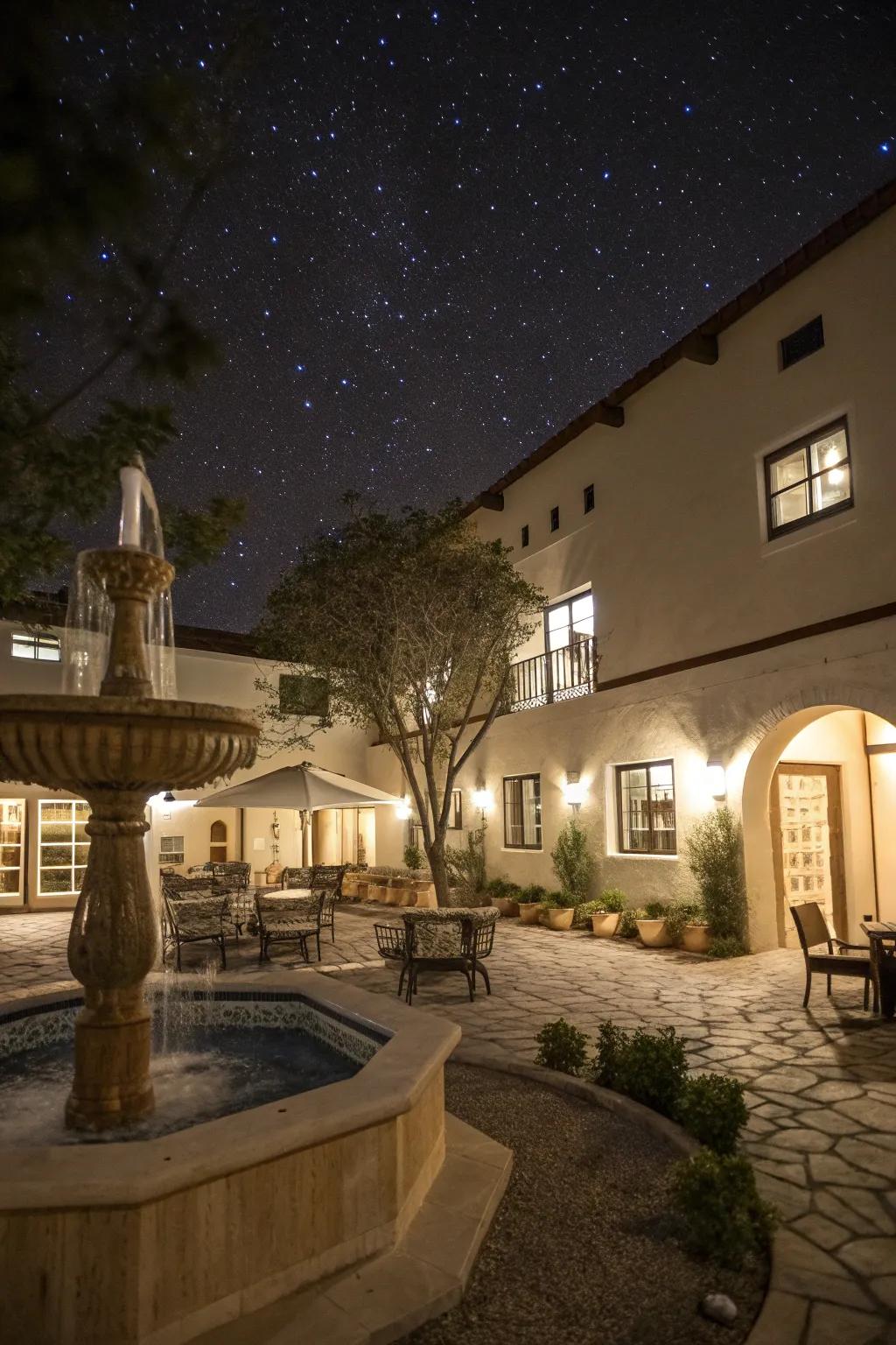 A small courtyard illuminated by soft lights, highlighting a central fountain.