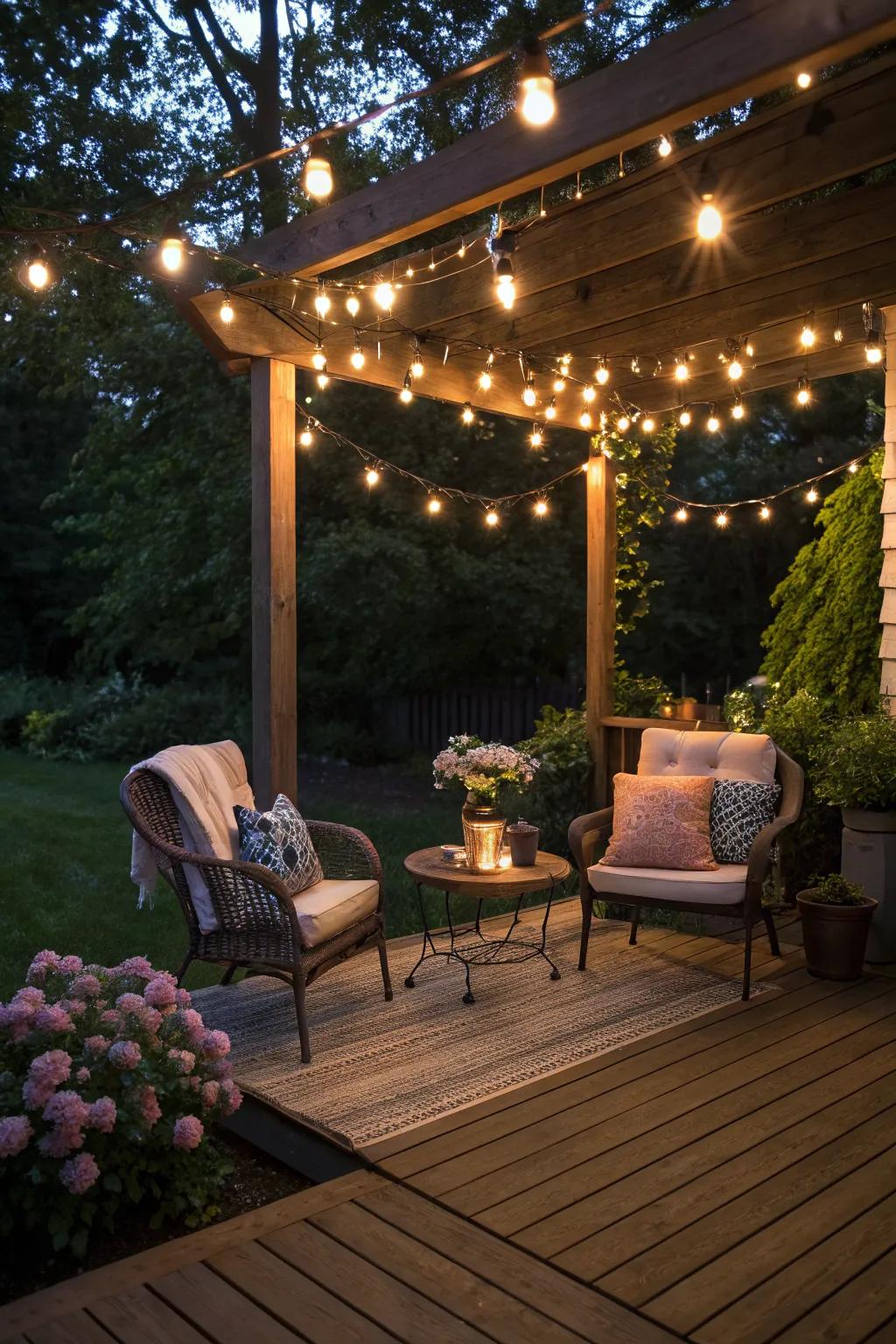 String lights add a magical touch to your small deck, perfect for evening relaxation.
