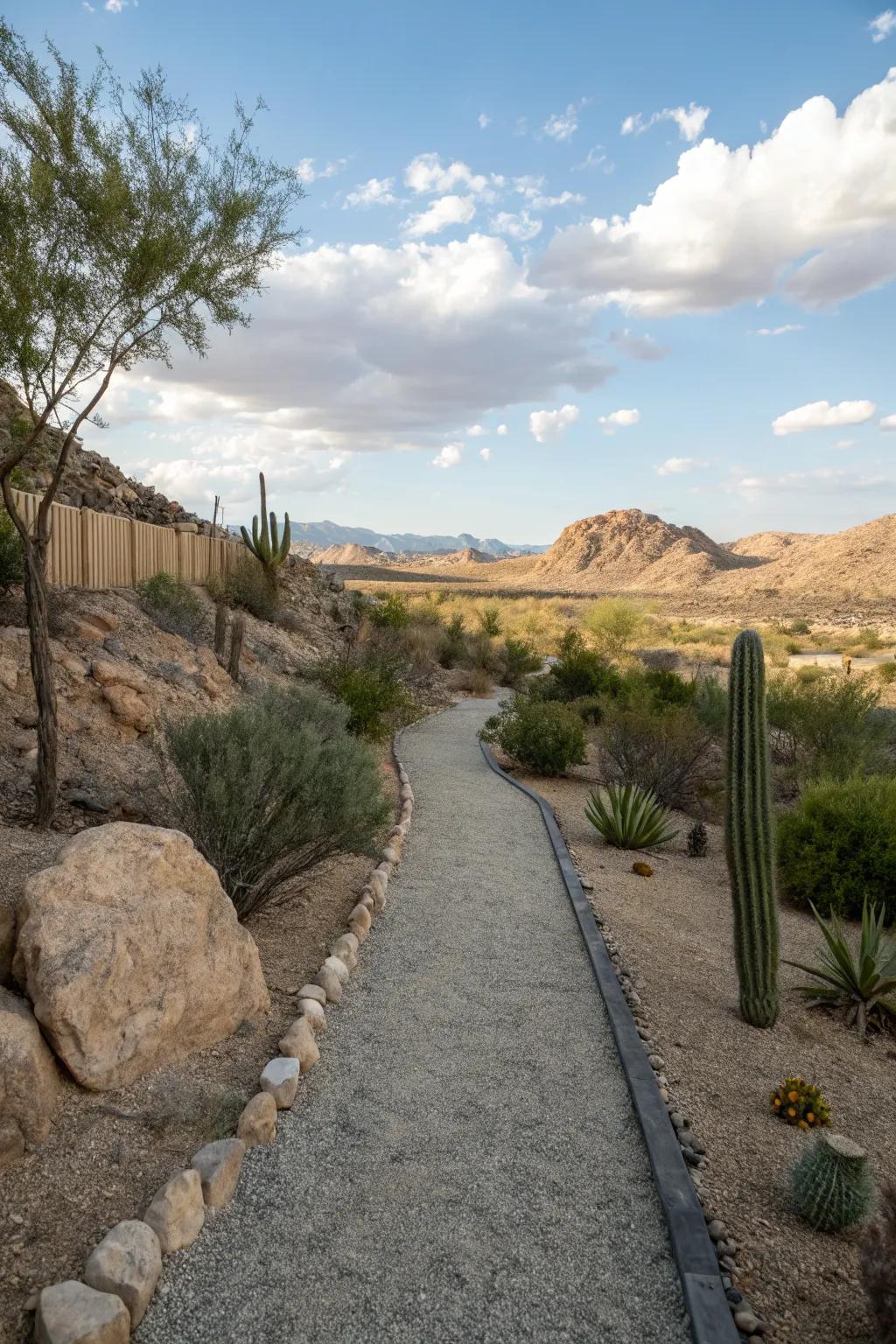 Gravel pathways provide structure and ease of movement in a desert landscape.