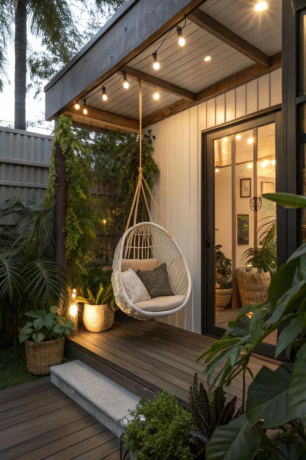 A hanging chair brings charm and comfort to a small porch.