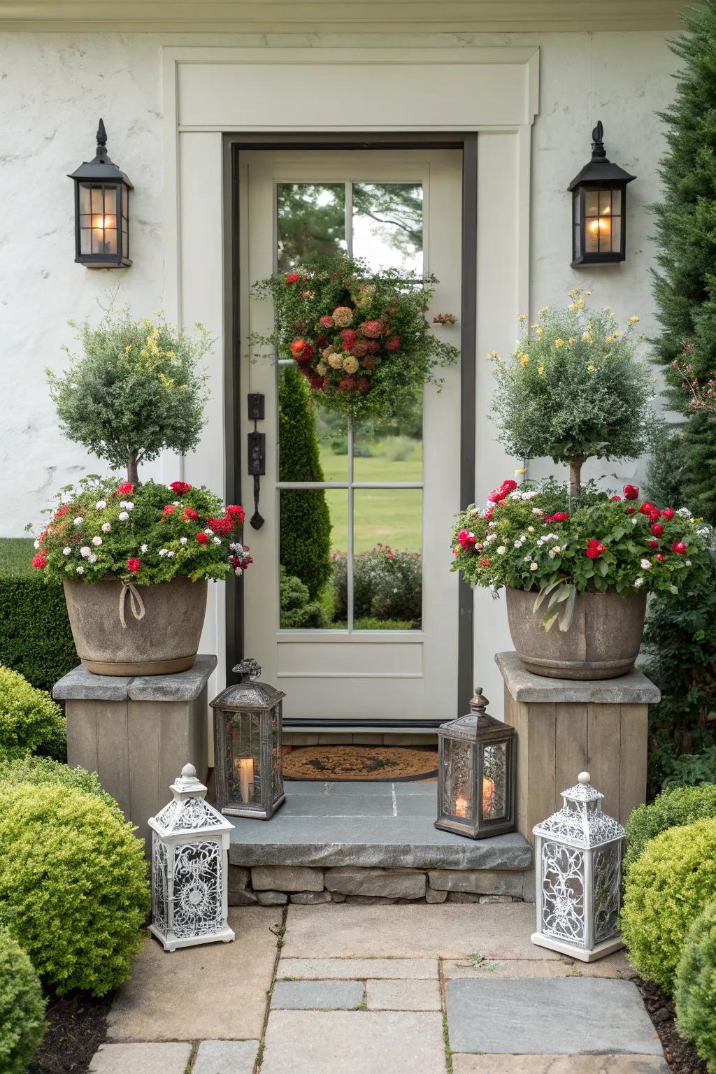 Symmetrical decor elements at a small front door create a balanced look.