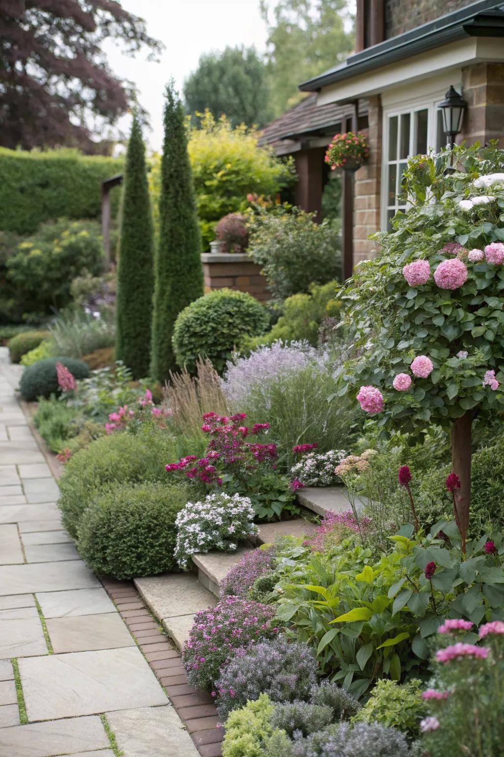 A visually engaging garden with plants of varying heights.