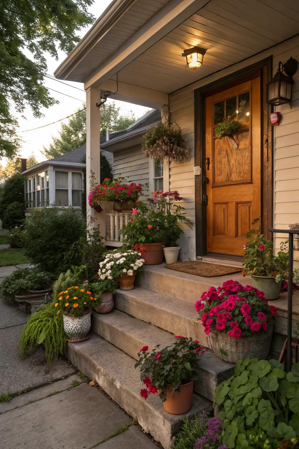 Lush potted plants bring life and color to this small porch