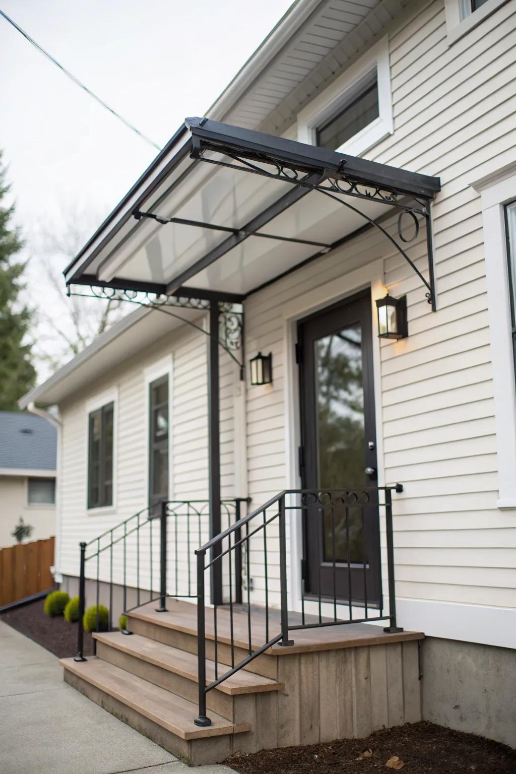 A sleek metal awning brings modern elegance to this small front porch.