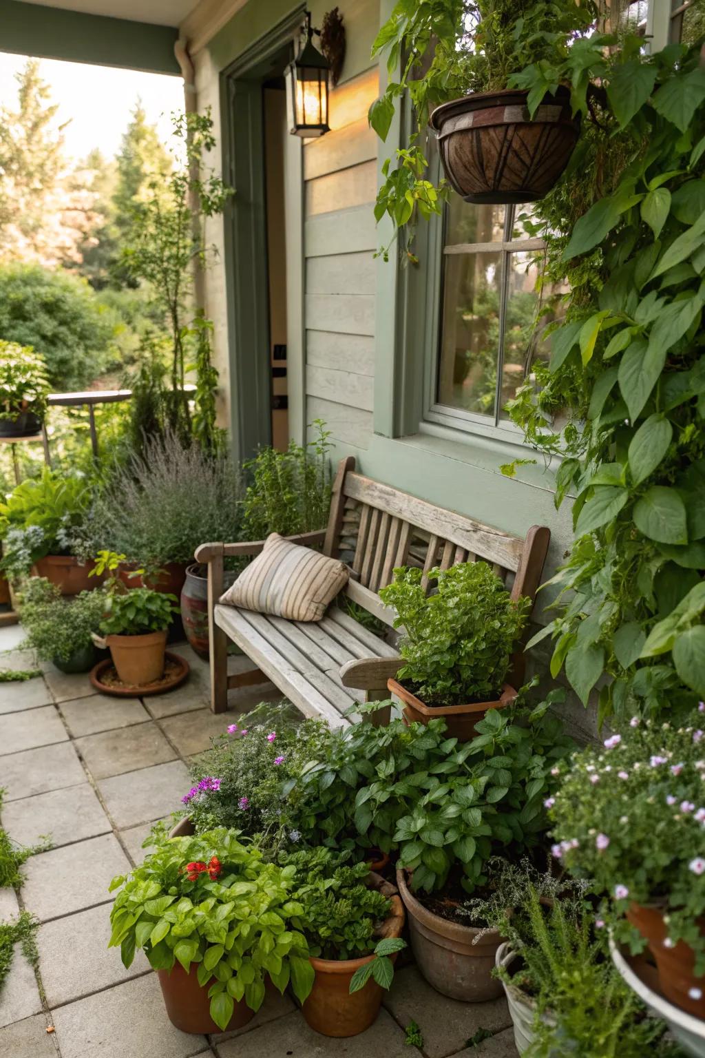 Enhance your porch with a variety of potted plants for a serene green look.