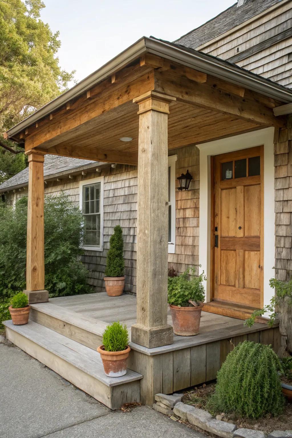 Wood columns with a natural finish add rustic charm to this quaint porch.