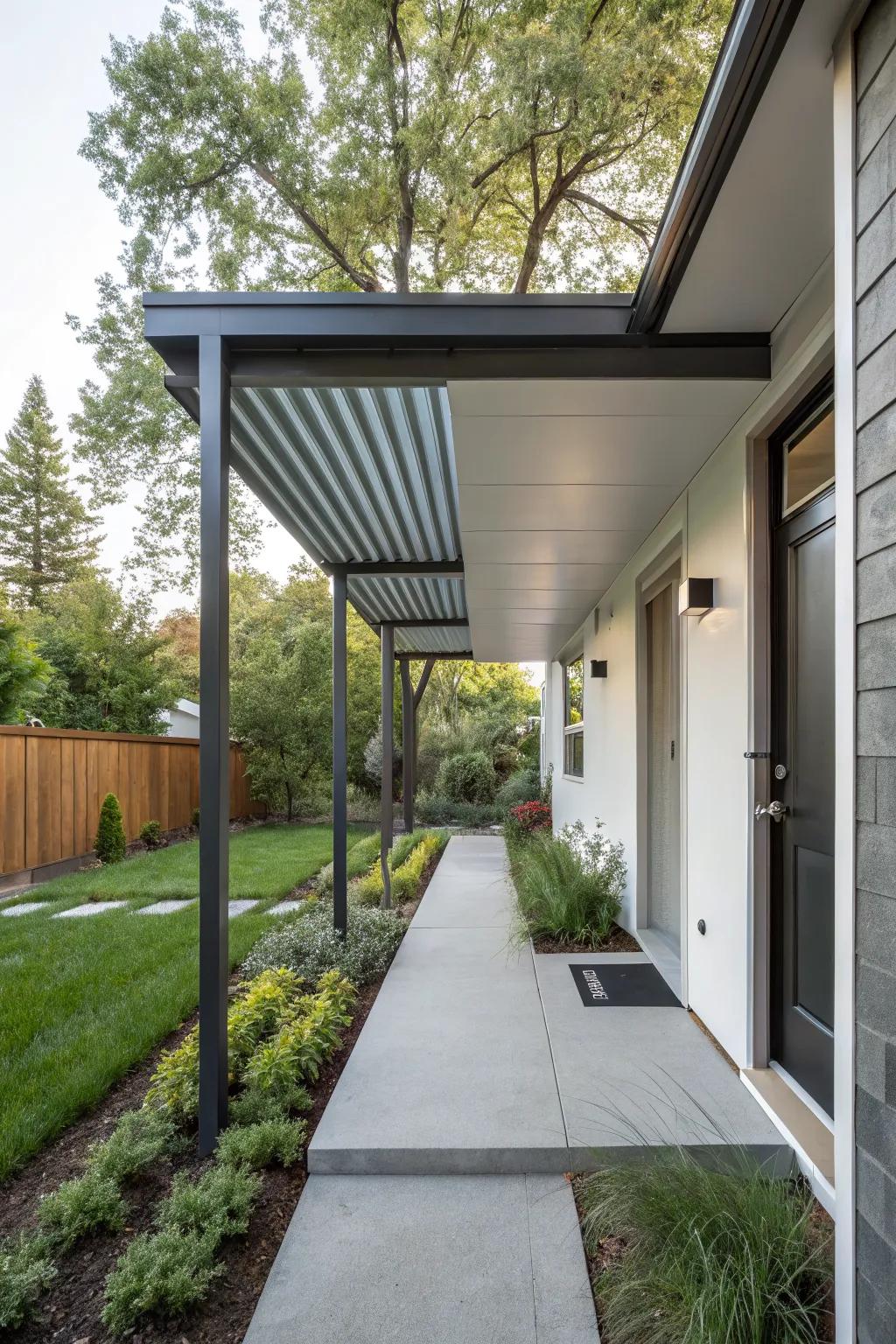 A sleek metal overhang for modern curb appeal.