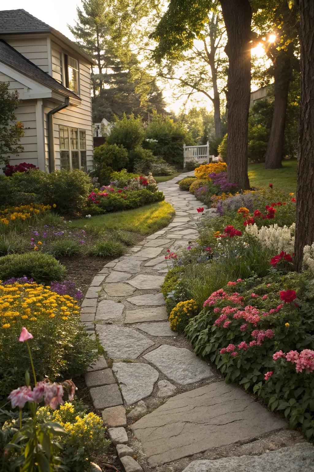 A stone pathway adds charm and accessibility to a small flower garden.