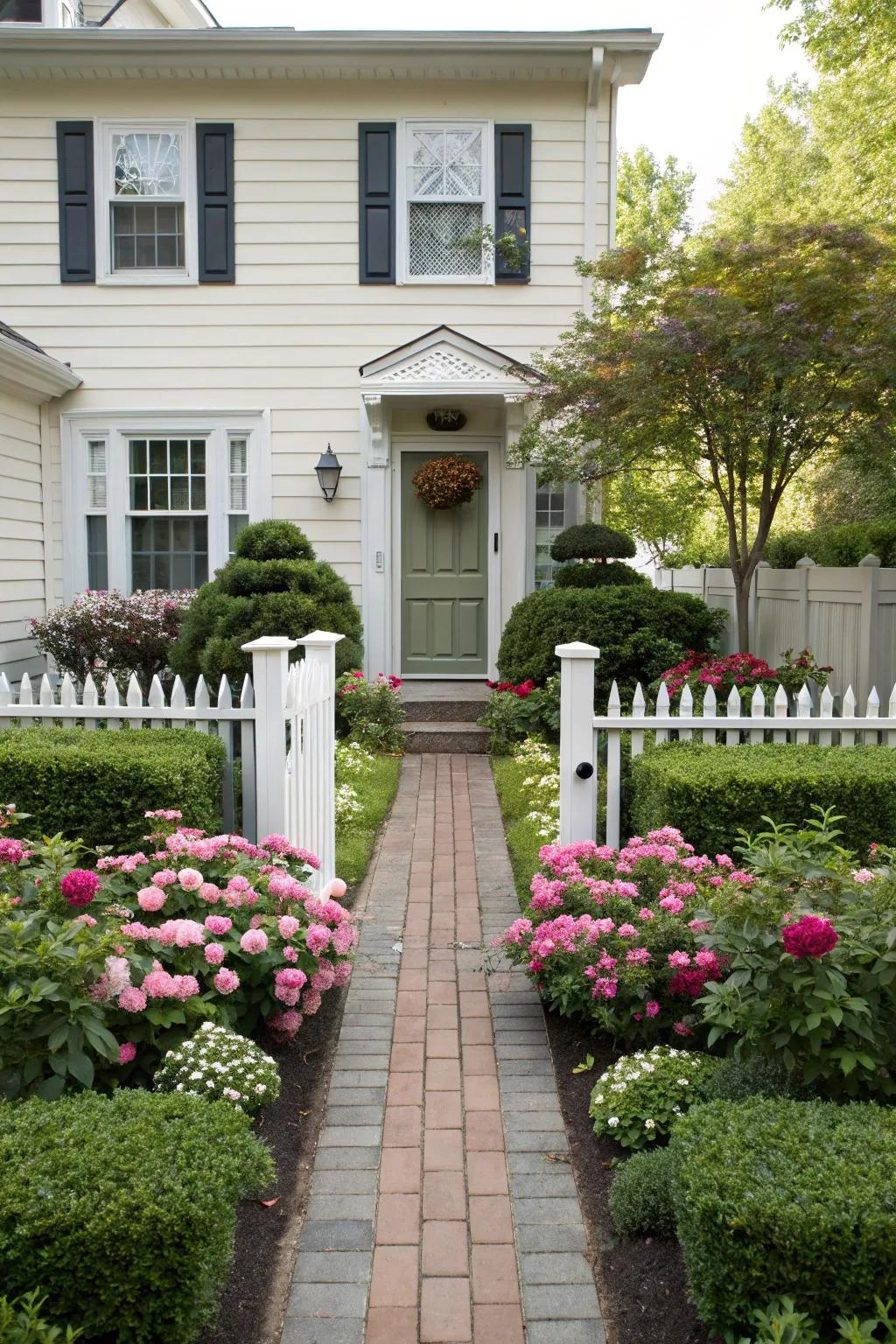 Symmetrical plantings frame your entrance beautifully.