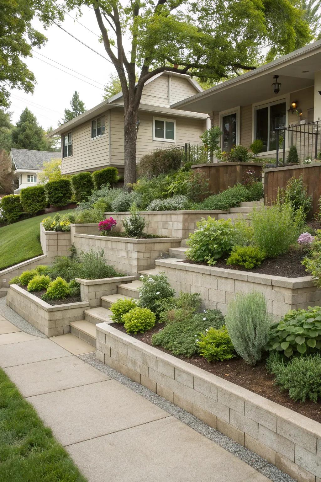 Layered retaining walls create depth and dimension.