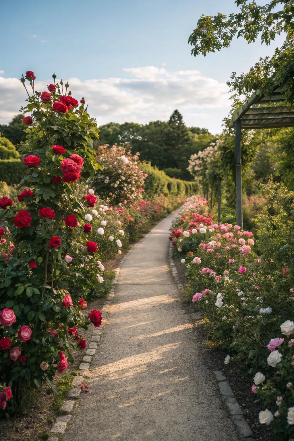 A charming garden pathway lined with blooming rose bushes.
