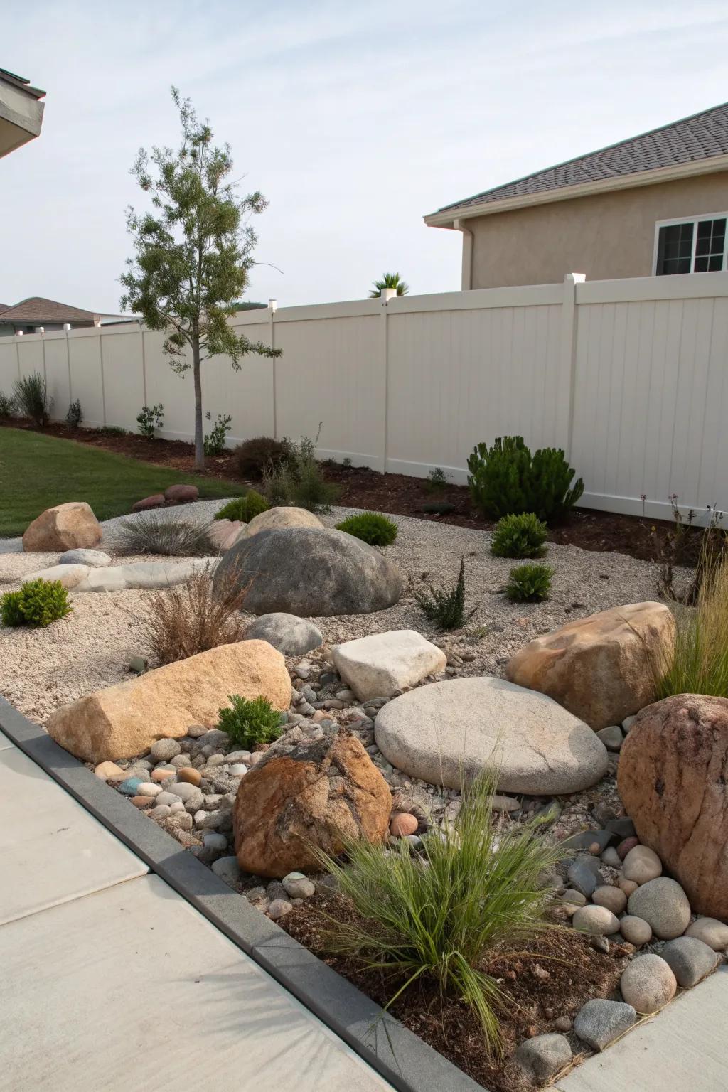 A beautifully arranged rock garden in a xeriscape.