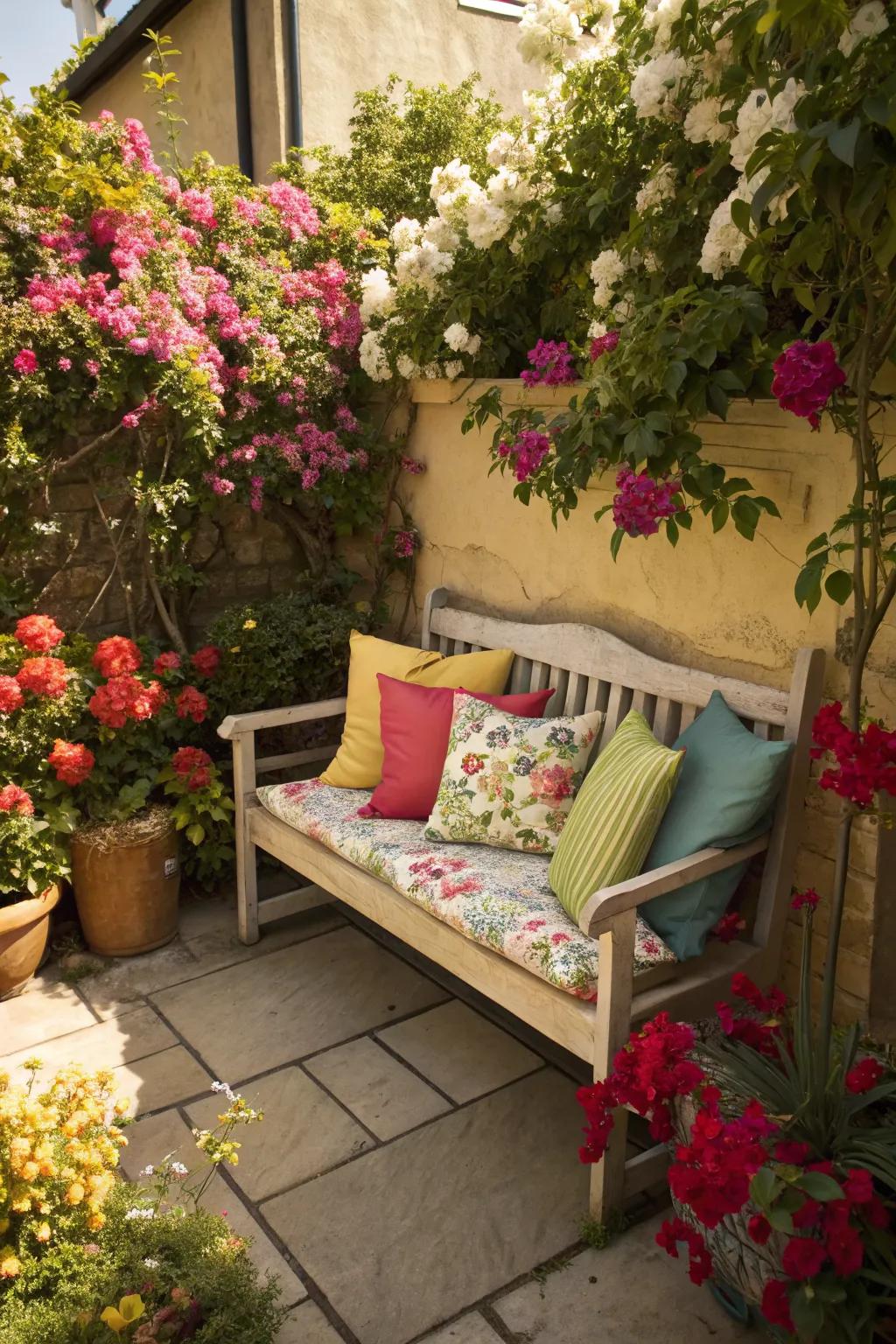 Inviting garden bench with vibrant cushions among blooms.