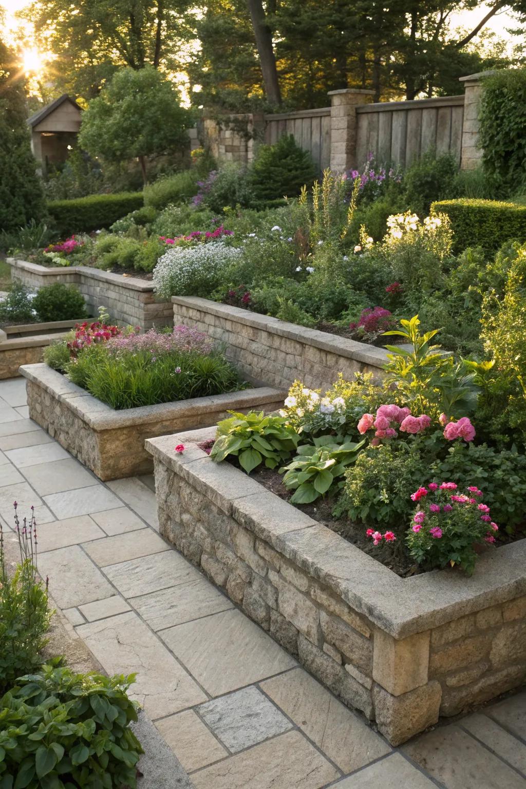 Raised stone beds adding elegance and structure.