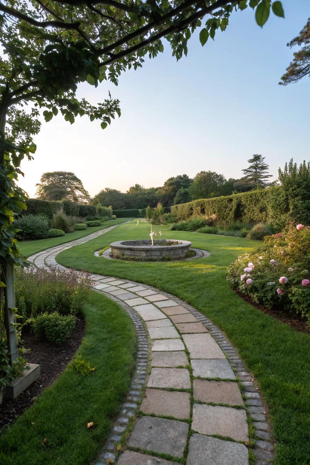Stone pavers form a picturesque path leading to a circular lawn.