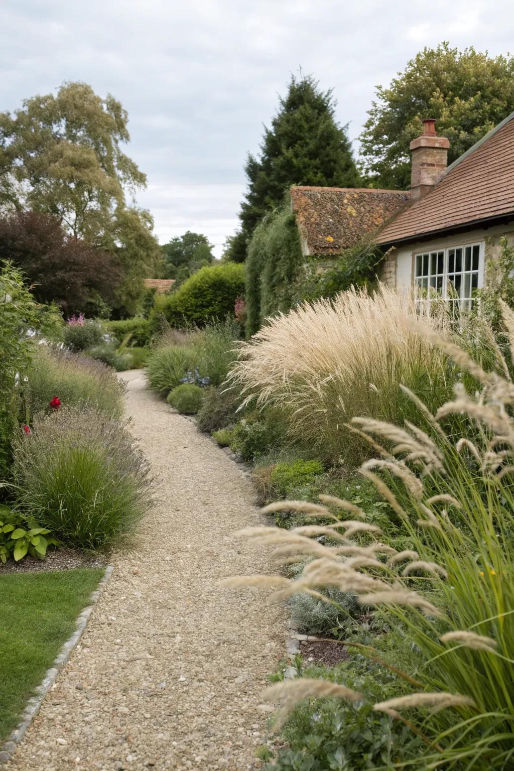 Ornamental grasses add elegance and movement to a gravel garden.