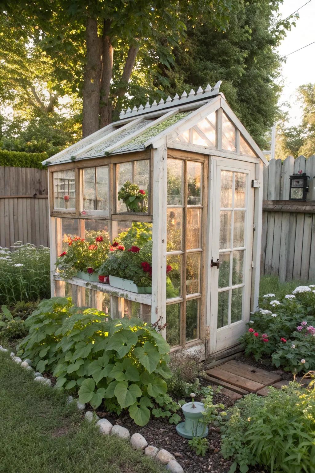 A unique greenhouse crafted from repurposed windows, adding vintage elegance to the garden.