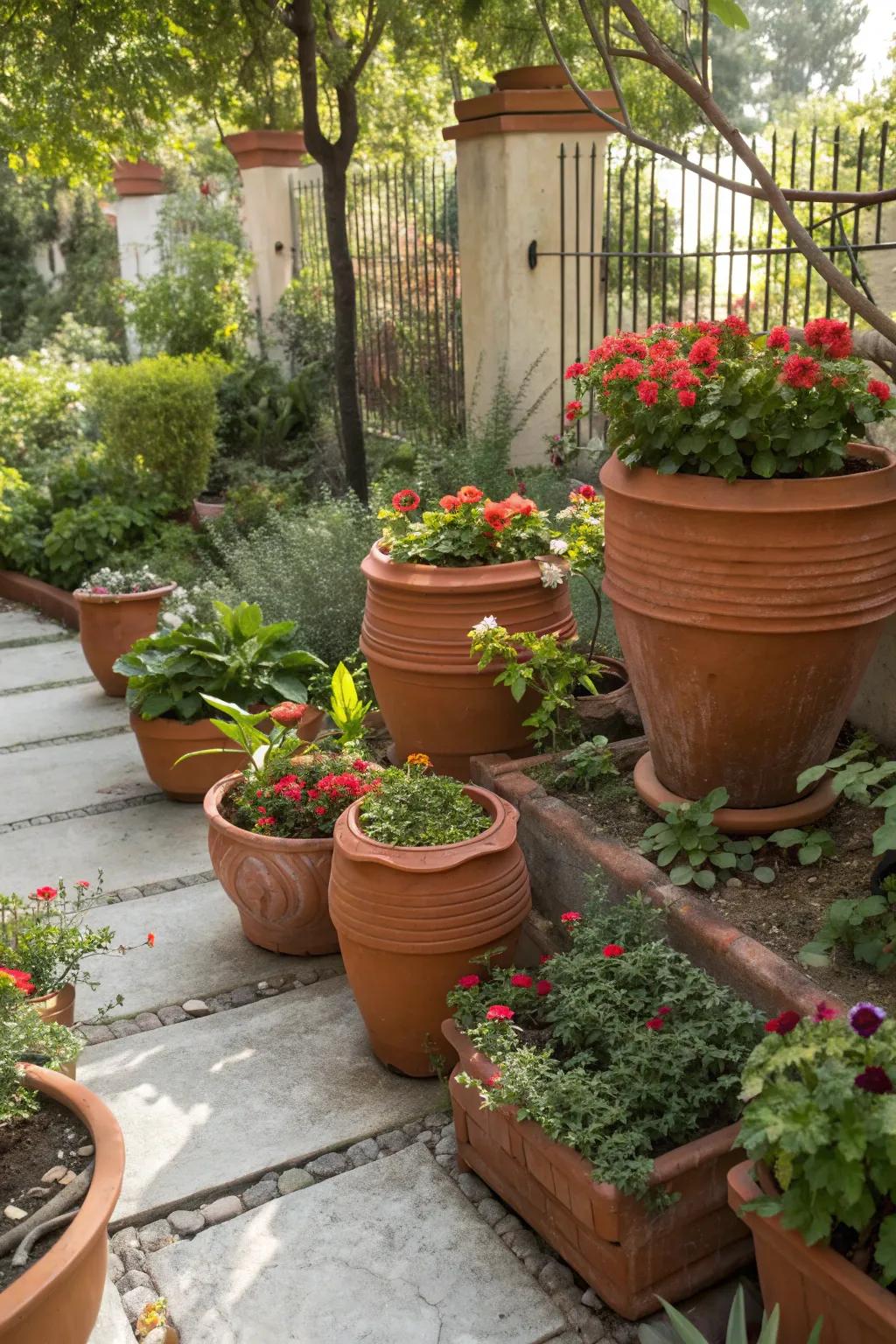 Terracotta pots of various sizes adding charm to a small garden.