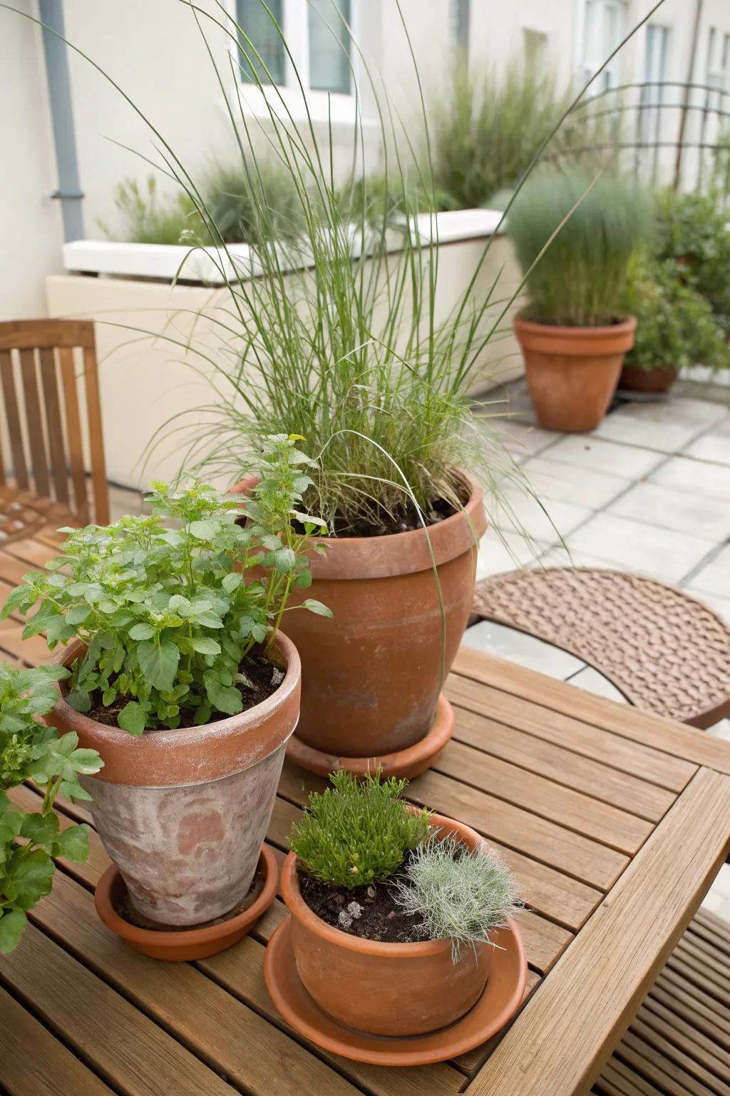 Terracotta pots filled with greenery on a small patio.