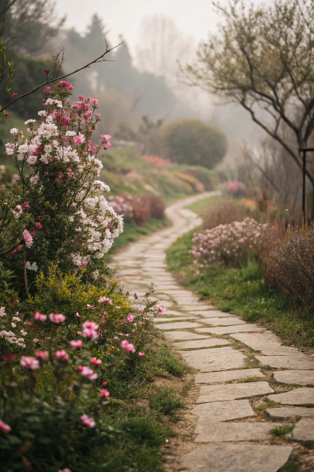 A winding stone path guiding through the garden.