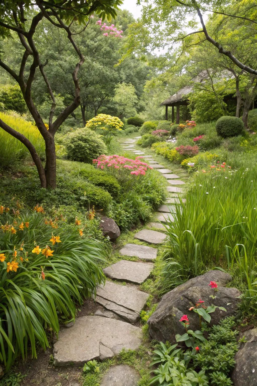 A playful stepping stone path through a vibrant garden.