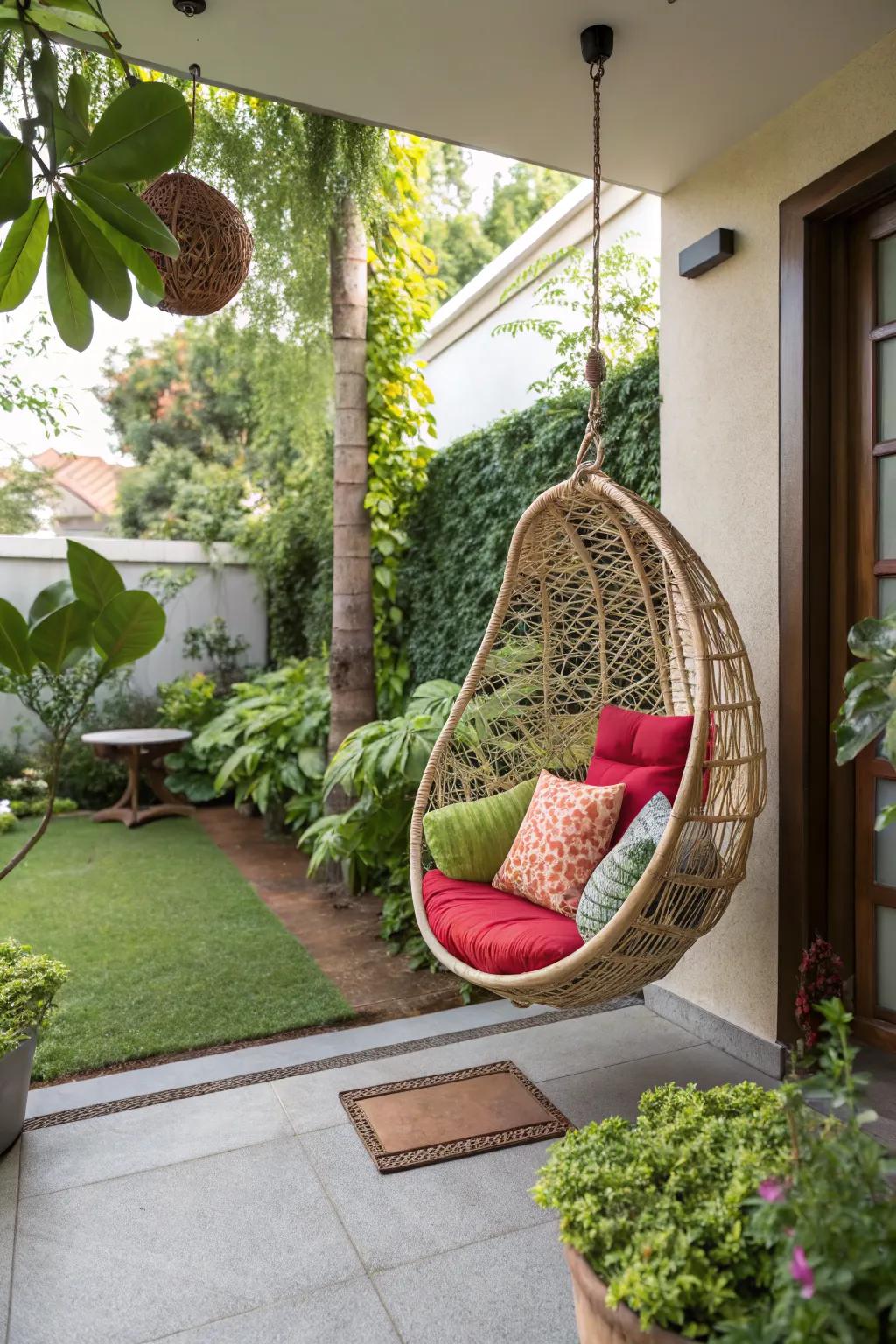 A hanging chair adds a playful touch to a small patio.