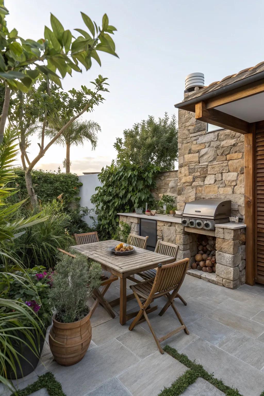 A BBQ area with natural stone and wood elements, enhanced by surrounding greenery.
