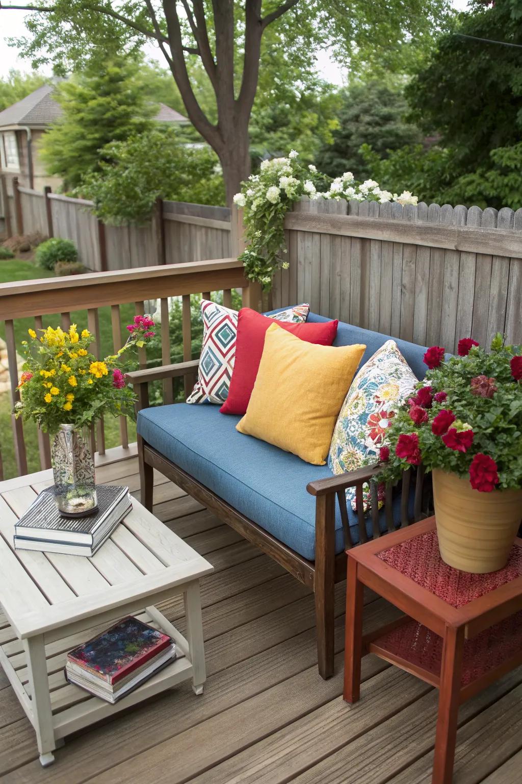A cozy seating area with a loveseat on a small deck.