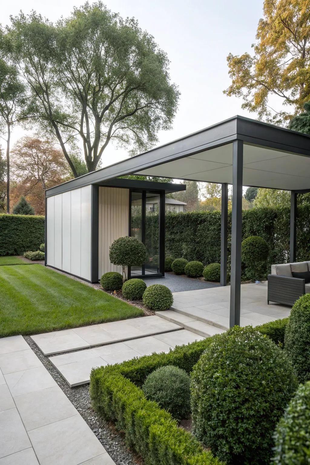 A minimalist pavilion with clean lines in a modern garden.