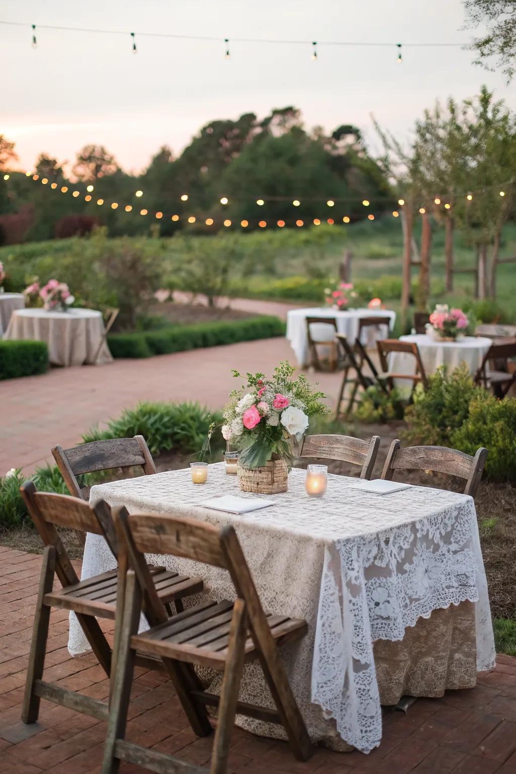 Rustic charm with wooden tables and chairs.