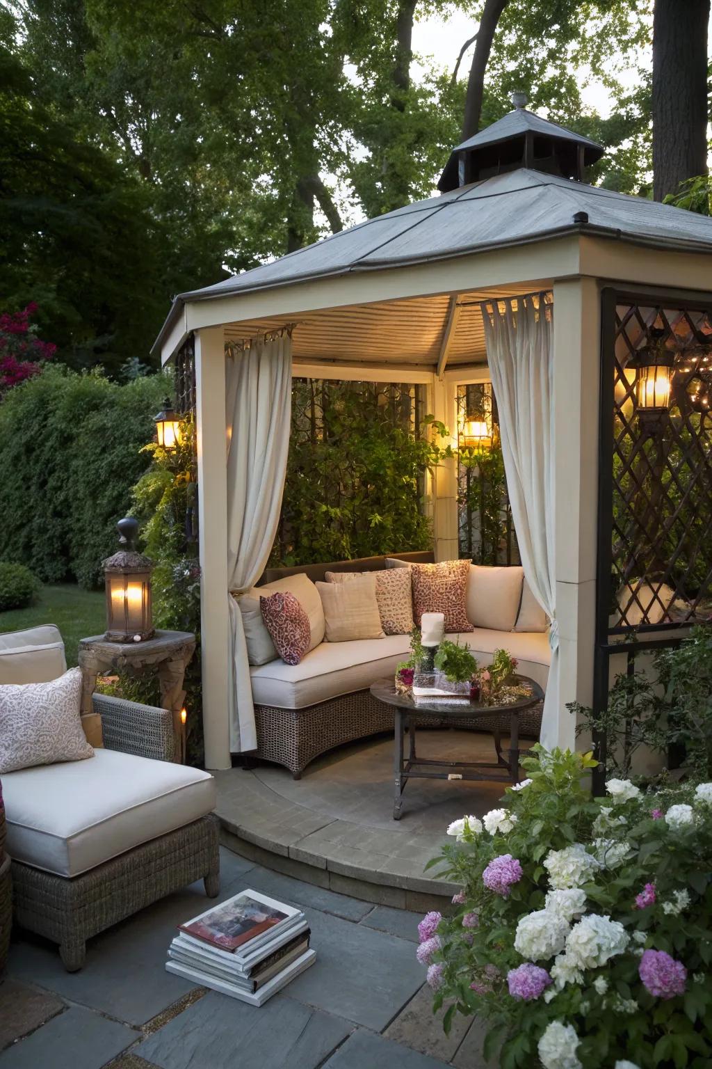 Comfortable seating in a small patio gazebo.
