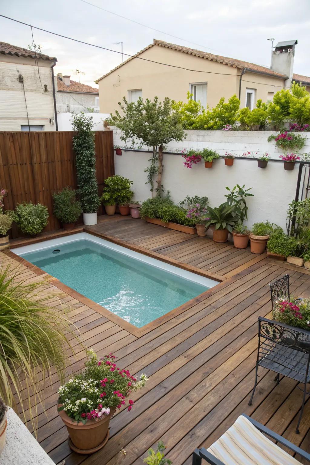 Wooden decking elegantly framing a compact pool on a lush patio.