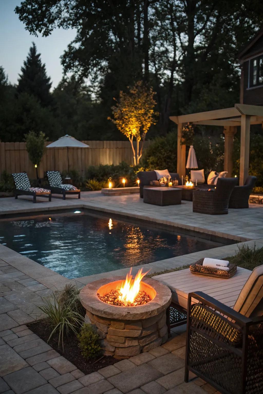 A poolside fire pit creating warmth and ambiance.