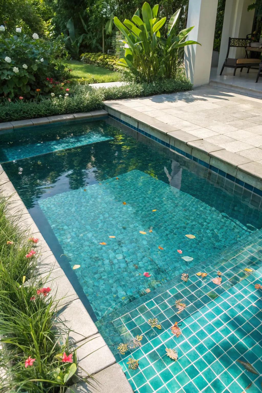 Bright turquoise tiles give your pool a tropical vibe.